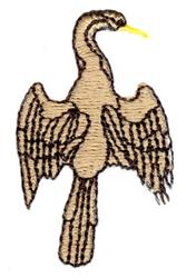 Stylized bird with a long neck and yellow beak, featuring beige and brown wings in a simple illustrative style.
