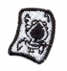 Stylized creature with a bold black outline, simple cartoonish design, and prominent stitching on white.