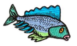 Stylized fish with vibrant blue and green colors, playful texture, and striking orange eyes. Applique design.