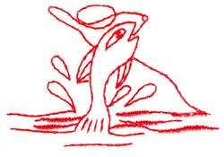 Stylized fish leaping from water with splashes, minimalist mountain background, bold red line art.