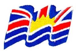 Stylized flag with vibrant blue and red colors, featuring a yellow sun symbol, evokes motion.