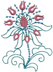 Colorful flower with pink petals, blue accents, and green outlines in decorative embroidery style.