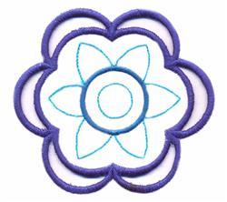 Stylized flower with a purple outline and blue petals, featuring a round center and six symmetrical floral elements.