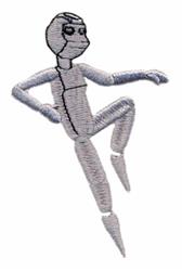 Stylized human figure in playful gray tones with simple features, striking a dynamic pose.