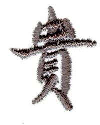 Whimsical stylized human-like figure in brown and black threads, featuring playful abstract forms and textured detailing.
