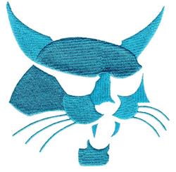 Stylized lynx head in blue tones with sharp angles and bold outlines, showcasing modern embroidery technique.