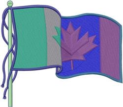 Stylized flag with a vibrant maple leaf, green and purple sections, playful cartoonish design.