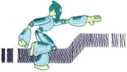 Stylized robotic figure in teal and yellow with articulated limbs, set against dark blue abstract lines, perfect for youthful