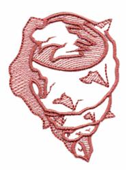 Stylized seashell in soft red featuring smooth curves and subtle internal details on a white background.