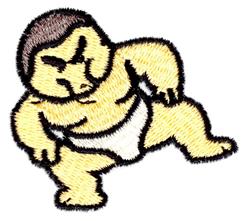 Cartoonish sumo wrestler with yellow skin and brown hair, wearing a white mawashi, in vibrant embroidery.