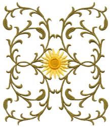 Quilting design with intricate vines and a vibrant sunflower, featuring detailed green swirls and symmetry.