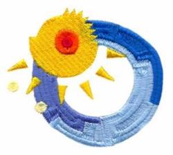 Bright yellow sun with an orange center, surrounded by playful blue circular waves, perfect for cheerful decor.