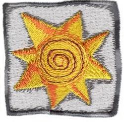 Cheerful sun in yellow and orange tones with a spiral center, crafted in vibrant embroidery against a gray backdrop.