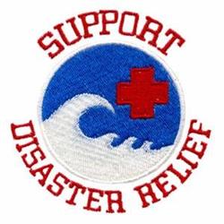 Standard wave with red cross symbol on blue background, featuring bold text 'SUPPORT' and 'DISASTER RELIEF'.