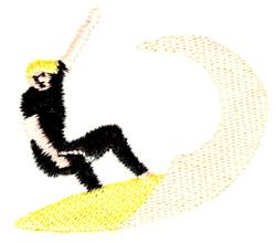 Applique surfer with blonde hair riding a yellow surfboard on a stylized wave in black and yellow colors.