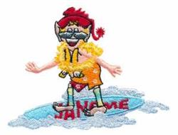 Playful surfing elf with vibrant swim shorts, a floaty, red hat, and sunglasses riding a wave, perfect for summer.