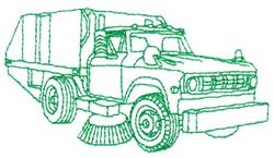 Sweeper truck line art in green with bold grille and sweeping brush; ideal for machine embroidery projects.