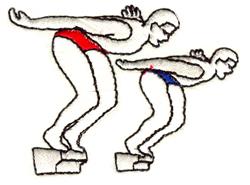 Two stylized swimmers in starting position with red and blue swimwear, outlined in black stitching. Suitable for sports event