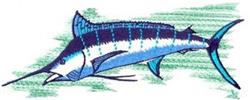 Sleek swordfish in vibrant blue tones with detailed fins, swimming against a subtle green background.