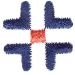Modern decorative shape featuring bold blue embroidery with a central red accent in a geometric design.