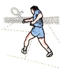 Dynamic tennis player mid-swing in blue attire with court lines in the background, perfect for athletic wear.