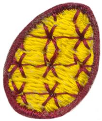 Textured red cross-stitch element on vibrant yellow background with maroon outline and playful design.