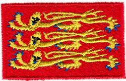 Three lions in vibrant yellow on a bold red background, detailed with blue accents. A striking design for machine embroidery.