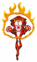 Cartoon tiger with bold orange and black stripes, claws outstretched, surrounded by yellow flames in detailed style.