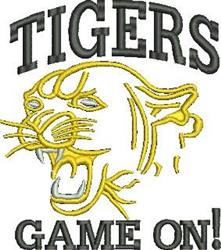 Fierce tiger face in vibrant yellow and black, with 'TIGERS GAME ON!' text—perfect for energetic sports gear.