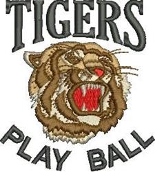 Fierce tiger head with bold colors, featuring 'TIGERS' and 'PLAY BALL' text in a dynamic sports design.