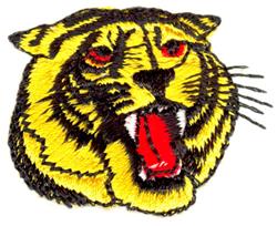 Fierce tiger head with vivid red eyes, intricate black stripes, and bold yellow fur in detailed applique design.