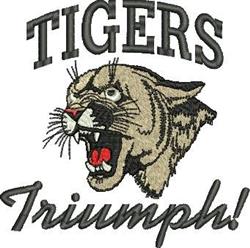 Fierce tiger head roaring with bold 'TIGERS' and 'Triumph!' text, vibrant colors, dynamic design, sports theme.