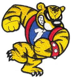 Angry cartoon tiger with bright yellow fur and black stripes, wearing a blue shirt with '7' in a playful style.