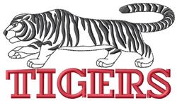 Detailed tiger portrait with dynamic black stripes and bold red 'TIGERS' text on a light background.