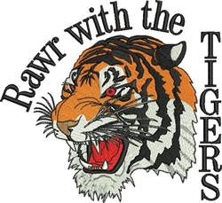 Bold tiger face with striking orange and black fur, sharp teeth, and intense red eyes, featuring dynamic text 'Rawr with the
