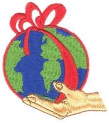 Colorful globe held in a hand and wrapped with a vibrant red ribbon, ideal for festive gift giving.