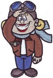 Cartoon pilot character with blue goggles, brown jacket, and light blue scarf saluting playfully in vibrant colors.