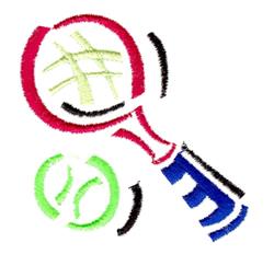 Vibrant tennis racket in red with a green tennis ball, featuring bold outlines for a playful sports theme.