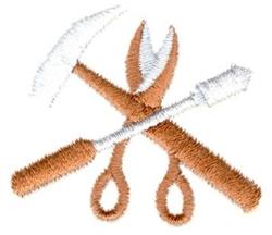 Realistic tool collection featuring scissors, a pickaxe, and a screwdriver with detailed textures in earthy tones.