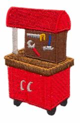 Colorful toolbox on wheels with a red cabinet and brown shelf displaying tools, perfect for playful DIY projects.
