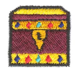 Whimsical treasure chest in burgundy with golden lid, adorned with colorful blue, red, and yellow shapes.