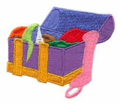 Playful purple treasure chest overflowing with colorful shapes like green, red, and yellow in a whimsical style.