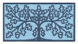 Stylized tree with symmetrical branches, embellished with acorns and leaves in textured shades of blue.