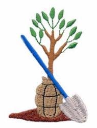 Colorful tree with green leaves, a small sapling in a burlap sack, and a blue shovel beside it.