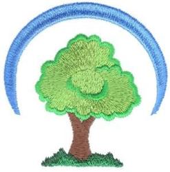 Playful tree design with vibrant green leaves, a brown trunk, and a blue arc, ideal for cheerful embroidery.
