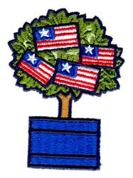Cheerful tree with vibrant green leaves in a blue planter, adorned with colorful American flags for Independence Day.