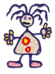 Playful character with triangular cream body, red circles, curly hair, blue limbs, perfect for kids.