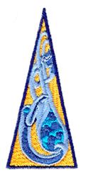 Applique triangular water droplet in vibrant blue and yellow, featuring playful stitching details.