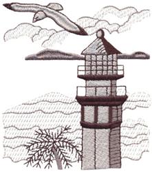 detailed bird machine embroidery pattern - Tropical Lighthouse for reusable tote bags