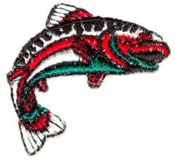 Colorful trout fish with detailed scales and fins in red, green, and black hues. Suitable for vibrant fabric applications.